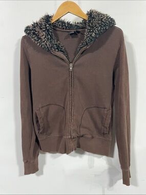 Vintage Y2K Hurley Brown Faux-Shearling Hooded Zip Bomber Jacket